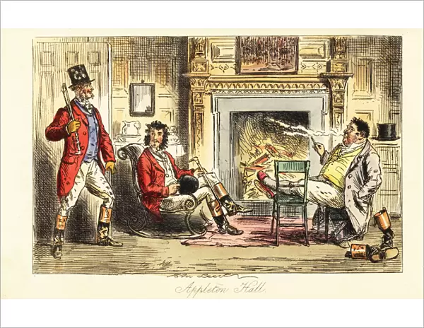 Fox hunters relaxing before a fire in a grand mansion