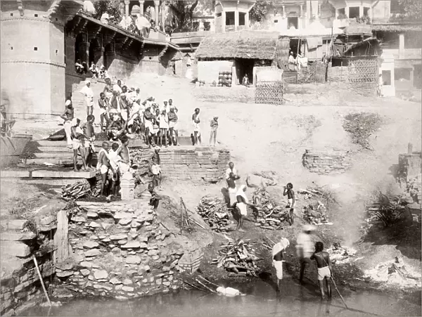 c. 1880s India - burning ghat Ganges at Benares Varanasi