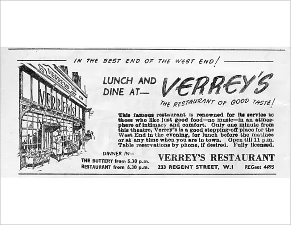 Advertisement for Verreys restaurant on Regent Street, a popular West End haunt since it