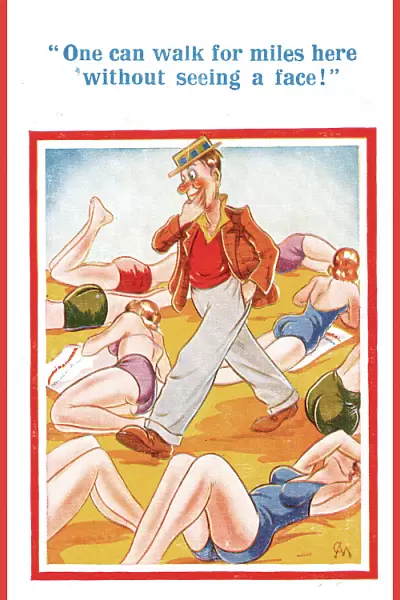 Comic postcard, Young women on the beach - man walking Date: 20th century
