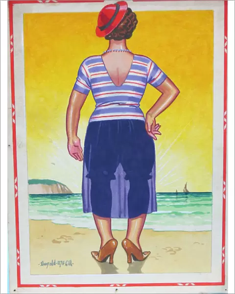 Comic postcard, Woman on the beach. Everybodys enjoying the beautiful sunsets down here