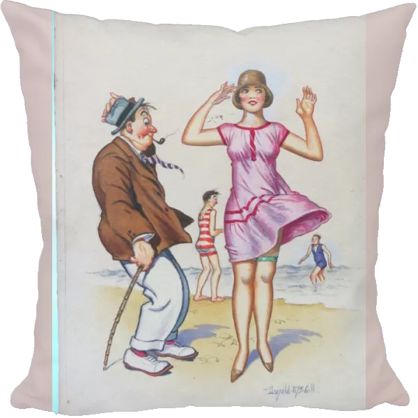 Comic postcard, Older man with pretty woman on the beach
