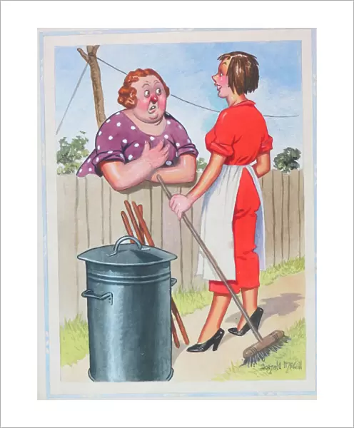Comic postcard, Two women talking over fence