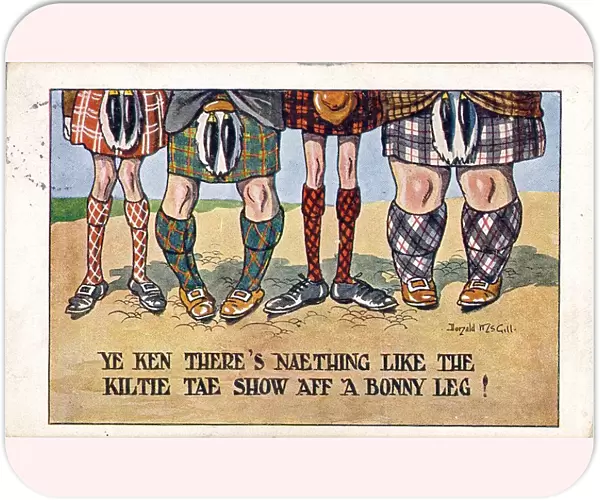 Comic postcard, Four assorted pairs of Scottish legs, with tartan kilts