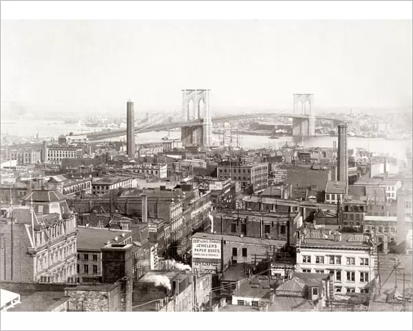 New York skyline and Brooklyn Bridge, USA, c. 1890 s