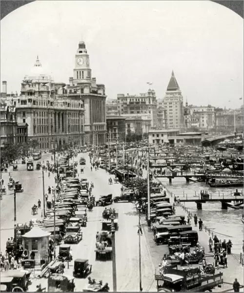 Traffic and boats along the Bund, Shanghai, China, c. 1920 Vintage early 20th century