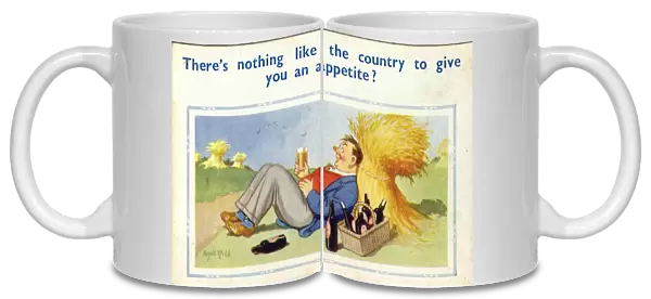 Comic postcard, Man enjoying a drink or two in the countryside Date: 20th century