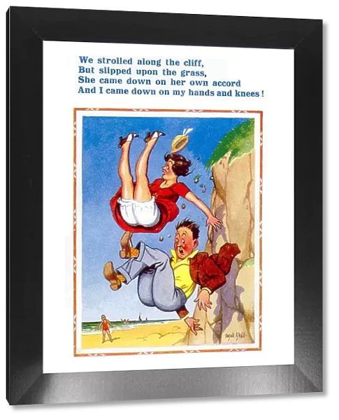 Comic postcard, Couple falling off a cliff onto the beach