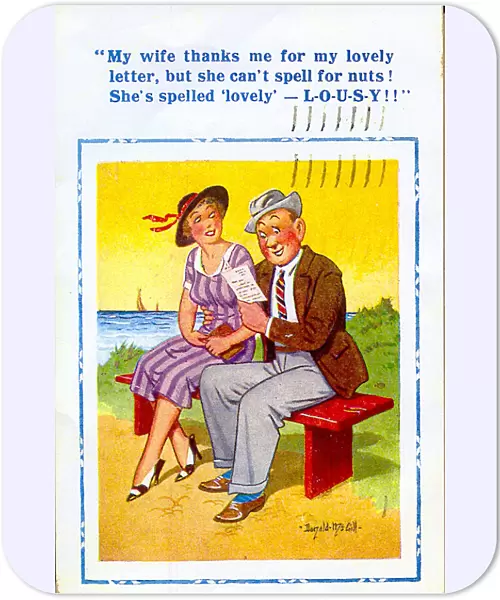 Comic postcard, Couple at seaside - letter from wife Date: 20th century