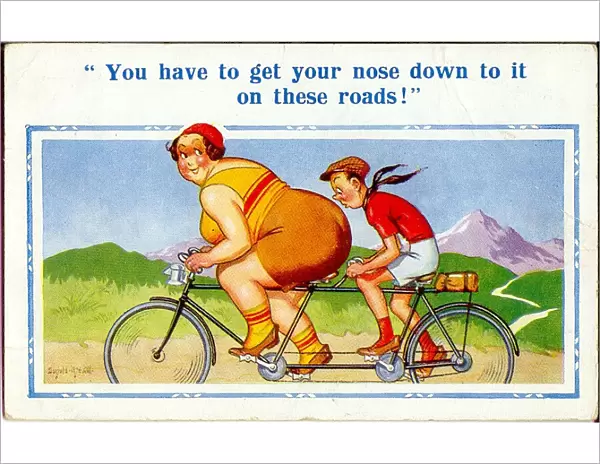 Comic postcard, Couple riding tandem on a country lane
