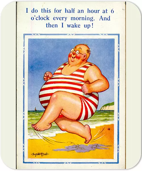 Comic postcard, Large man running on the beach Date: 20th century