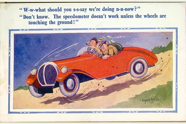 Comic postcard, Two men in a speeding car Date: 20th century