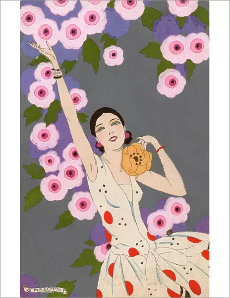 Art Deco girl with pink flowers