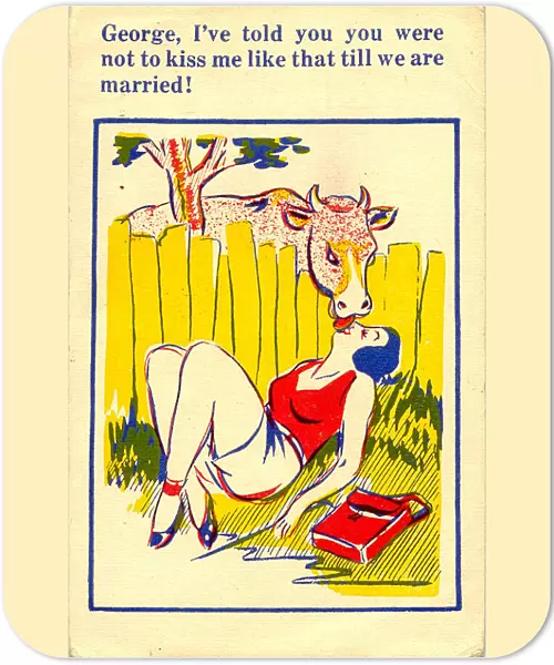 Comic postcard, Pretty young woman and cow Date: 20th century
