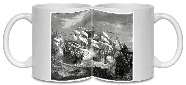 Sir Francis Drake attacking a Spanish treasure ship (actually a Portuguese carrack