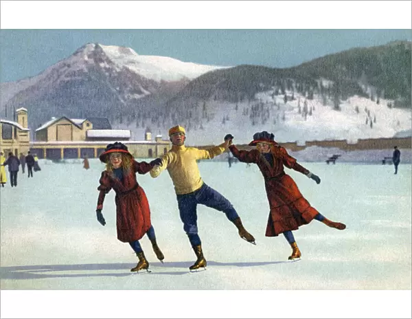 A Jolly Trio of Swiss Ice Skaters enjoying a spin on the rink. Date: 1908
