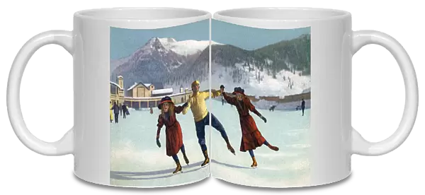 A Jolly Trio of Swiss Ice Skaters enjoying a spin on the rink. Date: 1908