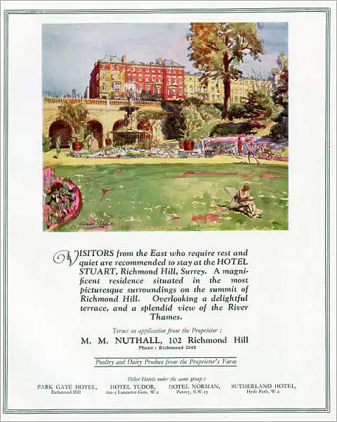The Hotel Stuart, Richmond Hill, Surrey - offering its guests magnificent views down to the River Thames. Date: 1930