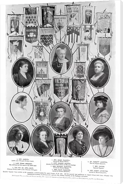 Some of the prominent figures in a NUWSS London procession. Also shown are some of the 70 banners carried commemorating great women through the ages. Date: 13 June 1908