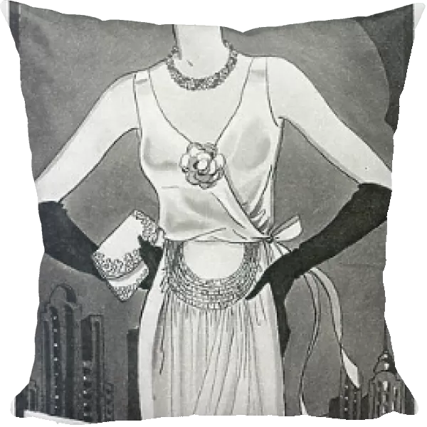 A sketch showing the current fashion in women's eveningwear, including gloves, jewellery, evening bag and shoes. Date: circa 1932