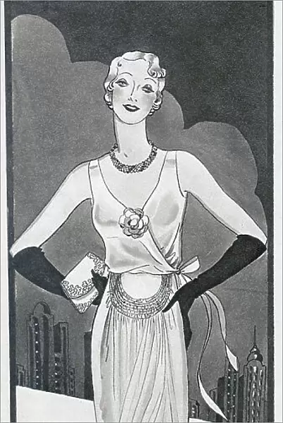 A sketch showing the current fashion in women's eveningwear, including gloves, jewellery, evening bag and shoes. Date: circa 1932