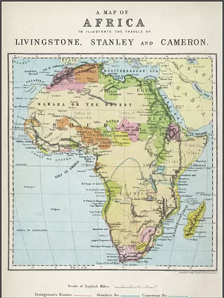 Map of Africa illustrating travels of explorers