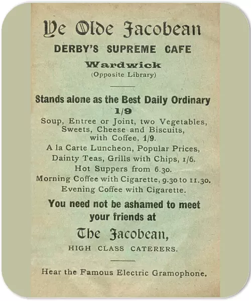 Advertisement for Ye Olde Jacobean cafe, Derby