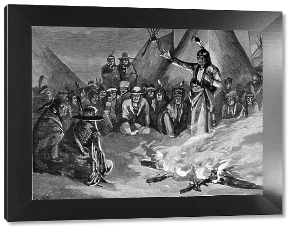 American Indians. Sitting Bull addressing a meeting of brave
