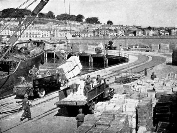 Food being unloaded in the Channel Islands; Second World War