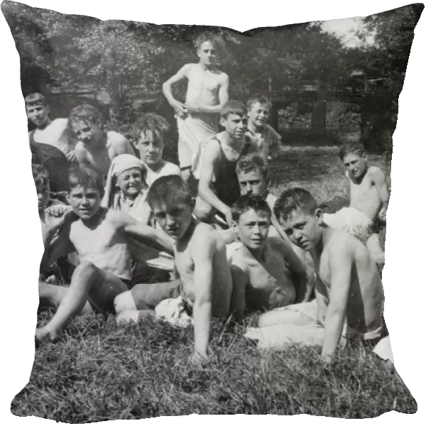 Boys Club, swimming and relaxing by river, 1928