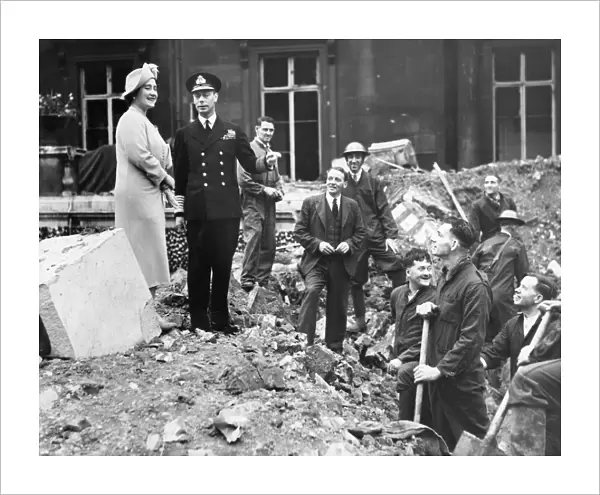 King and Queen inspecting bomb damage at Buckingham Palace
