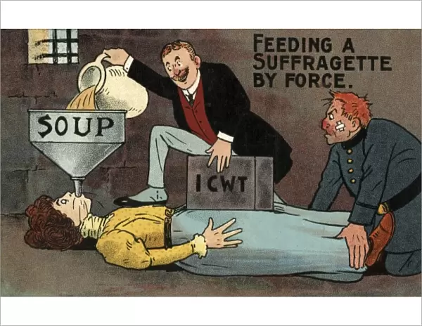 Force feeding a suffragette (cartoon)