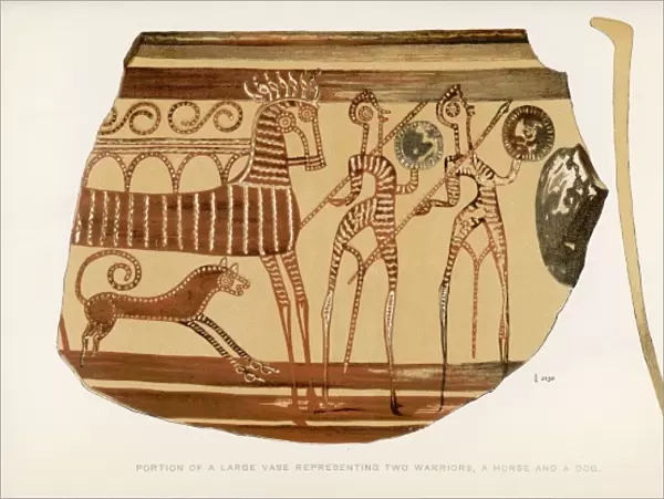 Greek vase -- warriors with horse and dog