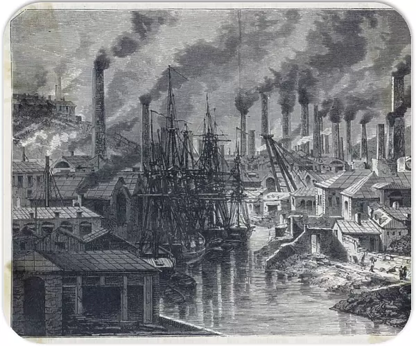 Copper works in Cornwall, with smoking chimneys