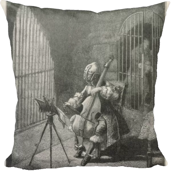 Man in the Iron Mask, playing the cello in prison