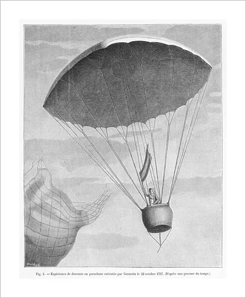 PARACHUTE. Jacques Garnerin successfully descends by parachute from a balloon