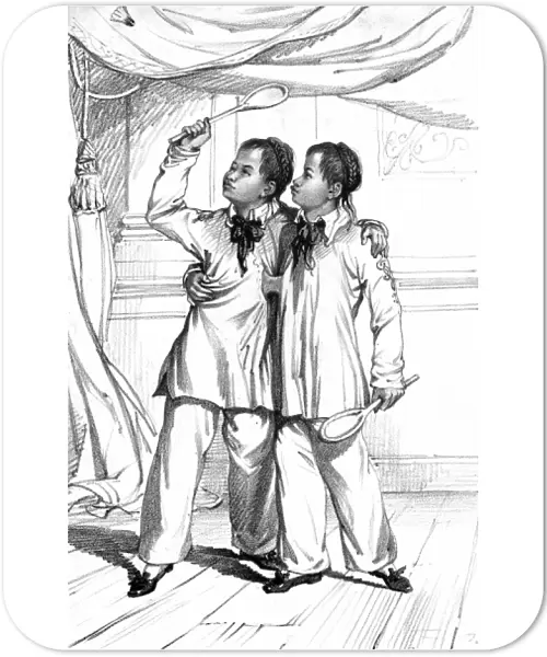 Eng and Chang, Siamese twins, playing shuttlecock