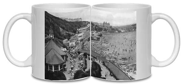 Clock Cafe and view of beach, Scarborough, Yorkshire