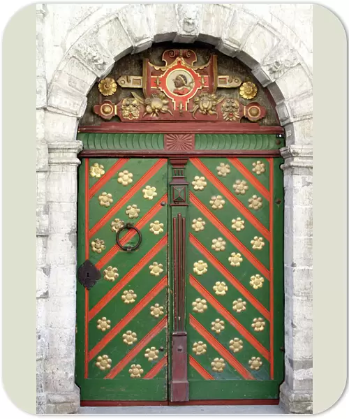 Green, gold and red decorated door