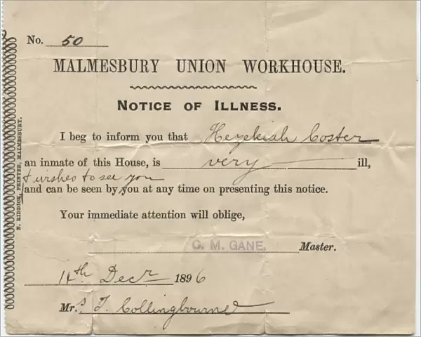 Illness Notice, Malmesbury Workhouse, Wiltshire