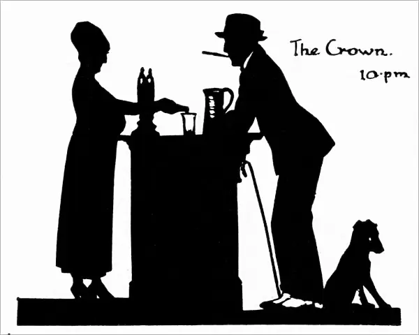 Silhouette of barmaid and customer in a pub