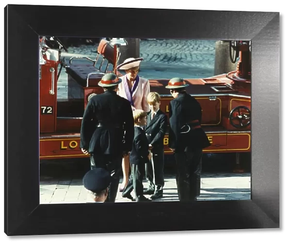 Princess Diana, William and Harry meeting firefighters
