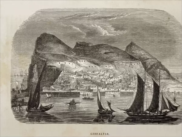 Gibraltar (1844). Rock, city and harbour. Etching