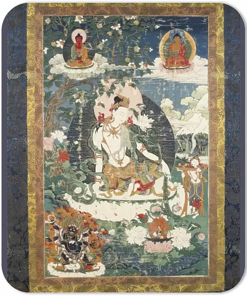 Tibetan tanka with an illustration of a relaxed