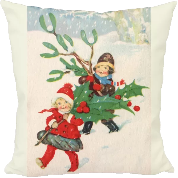 Children carrying holly and mistletoe