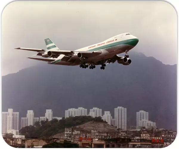 Boeing 747 of Cathay Pacific over Kai Tak Airport, Hong Kong