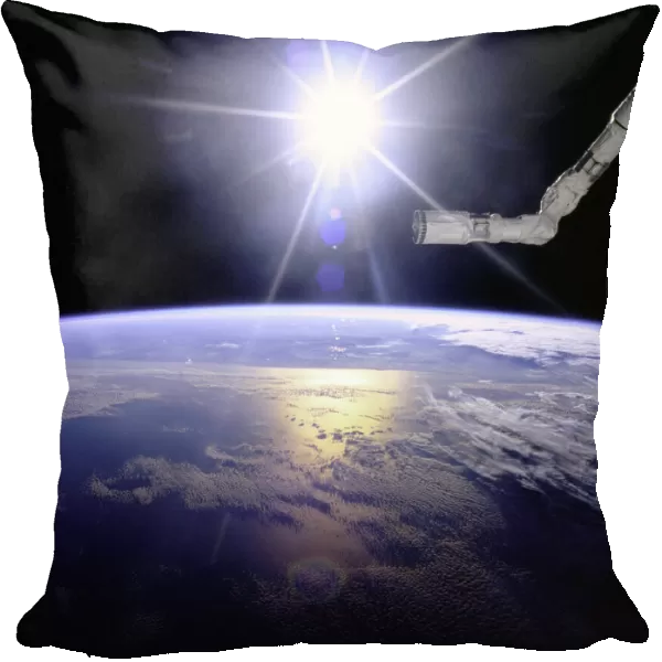 Robot Arm Over Earth with Sunburst