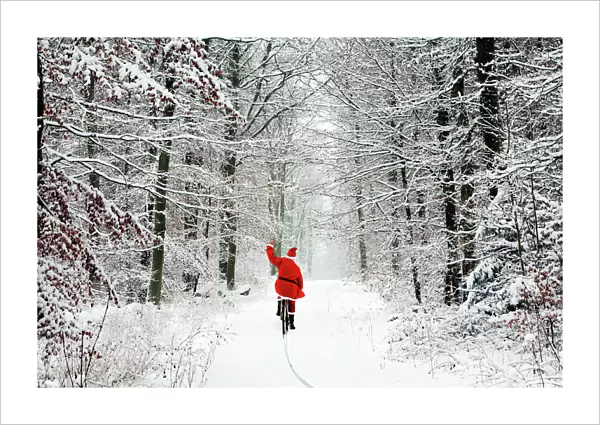 Father Christmas - riding bicycle through beech woodland - coverd in snow and ice Digital Manipulation: Father Christmas