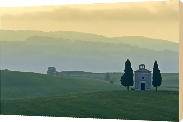 Chapel small chapel and cypress trees on a hill Val d Orcia, Tuscany, Italy