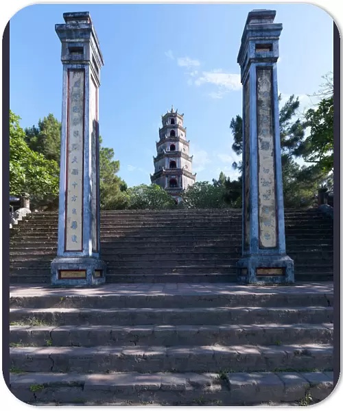Thien Mu Pagoda - Hue-Vietnam - Rising on a bluff above the left bank of the Perfume River, Thien Mu  /  Heavenly Lady Pagoda was founded in 1601 by Lord Nguyen Hoang and has become an iconic symbol of Hue